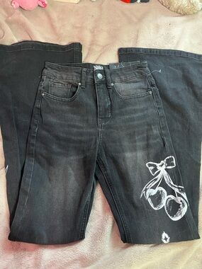Empyre Black Flare Leg Jeans with White Cherry Graphic